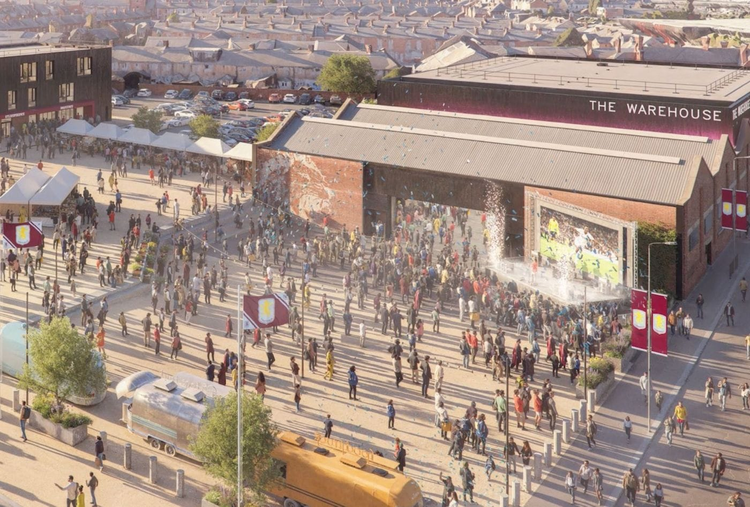 A CGI render of Aston Villa's warehouse - a red brick building outside of Villa's North Stand opposite the Club Shop